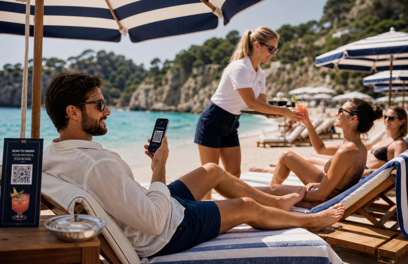 Guest ordering from a sunbed by the beach