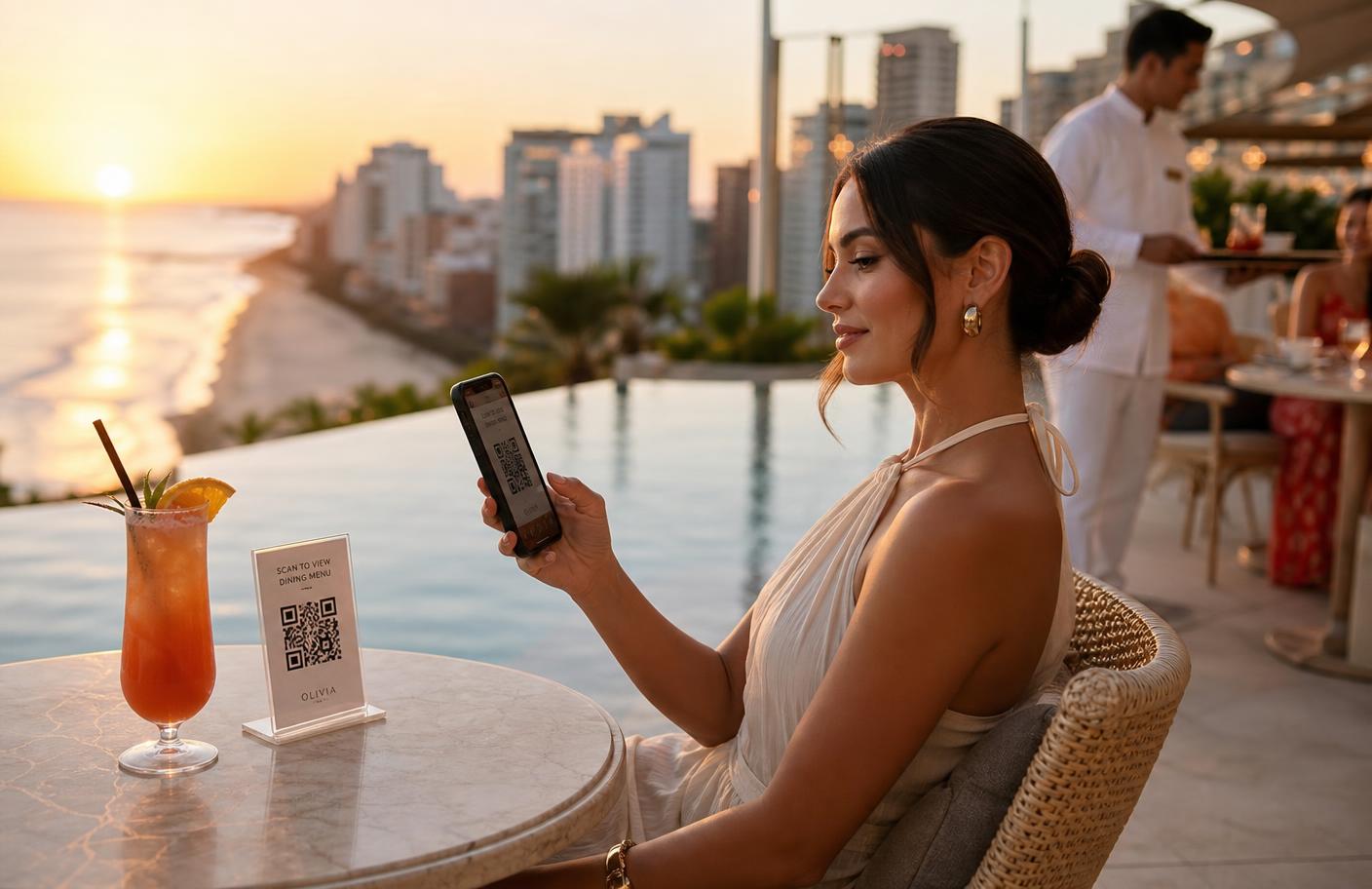 Guest ordering a cocktail by a rooftop infinity pool